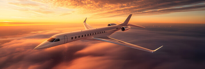 Modern commercial airplane gracefully soaring through a vibrant sunrise sky separated by clouds and distant landscapes, reflecting human exploration fueled by aerodynamic innovation.