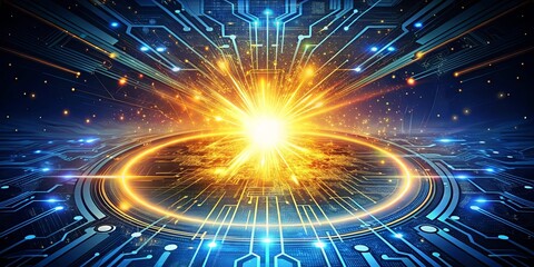 Obraz premium A radiant explosion of light erupts from the center of a circuit board, symbolizing the potential and power of digital technology.