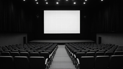 Obraz premium Empty lecture hall with tiered seating and large projector screen, creating serene atmosphere for presentations