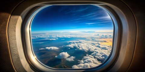 Fototapeta premium A glimpse through the window, a boundless expanse of fluffy clouds bathed in the golden hues of dawn, painting the sky with a symphony of colors.