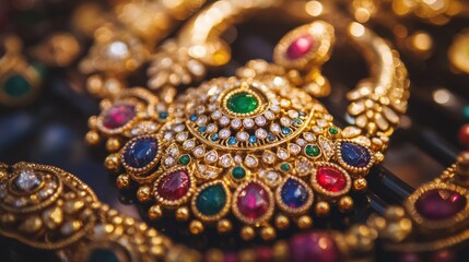 Close-up of a beautiful gold-toned Indian jewelry set, featuring intricate designs, colorful gemstones, and sparkling diamonds.
