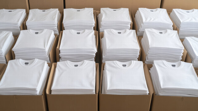 Neatly packed white T shirts in recyclable boxes, ready for distribution