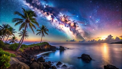 Silhouettes of palm trees against a vibrant sky with a luminous galaxy, showcasing a mesmerizing coastal landscape with rocky shores and a tranquil sea