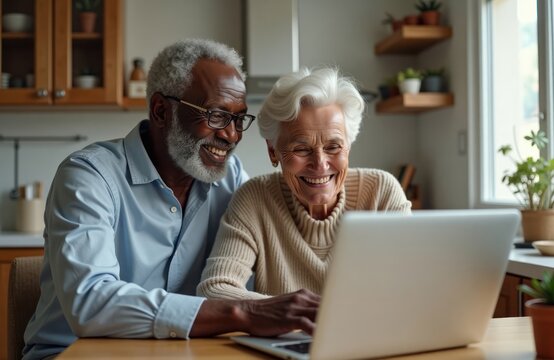 Black senior couple happily using laptop in home kitchen. Watch video on computer screen. Warmth, love between. Love, joy. Happy seniors. Digital tech. Family time. Relationship. Home atmosphere.