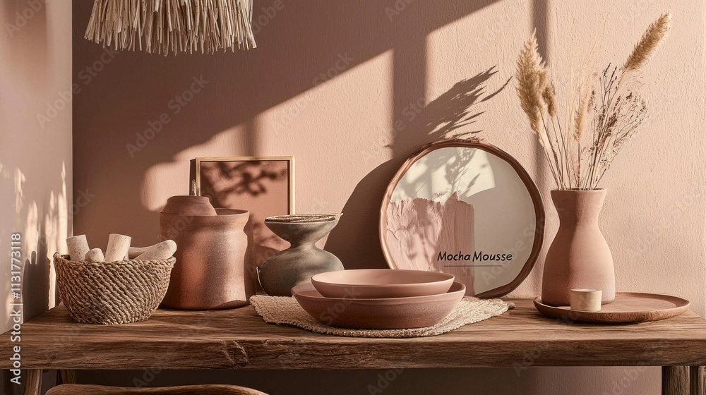 Aufkleber warm tones of mocha mousse create a cozy atmosphere in this rustic display, featuring textured potte