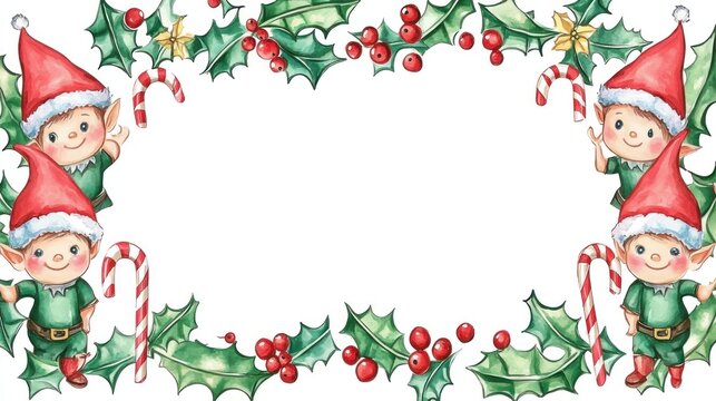 Christmas elf border with holly and candy canes.