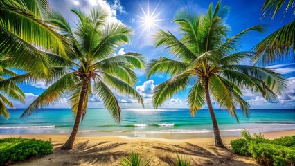 Obraz premium Palm Trees Framing a Tranquil Beach Scene with Sparkling Azure Water and a Bright Sun in the Sky
