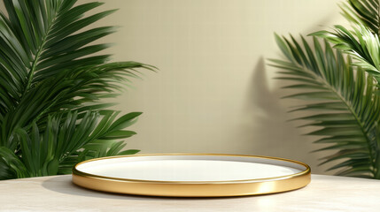Fototapeta premium 3D render of a white empty podium platform with a golden rim and green palm leaves in the background