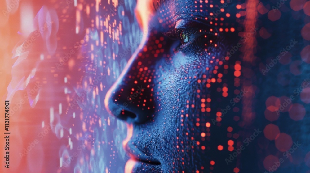Poster binary code intricately forming a human face, representing the emergence of artificial intelligence 