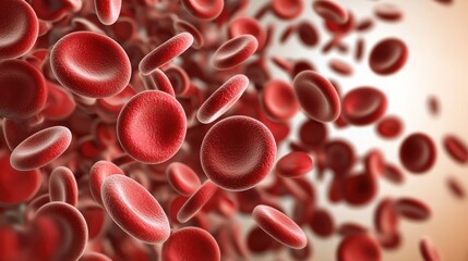 A close-up view of red blood cells flowing in the bloodstream, highlighting their circular shape and vibrant red color against a soft background.