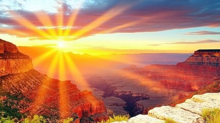 Naklejka premium A vibrant sunrise over a canyon landscape, showcasing natural beauty and tranquility.