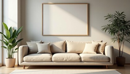 Beige couch with three pillows in minimalist living room. Blank framed art piece on wall. Potted plant next to couch. Soft lighting casts gentle shadows. Relaxing home interior scene. Modern, cozy