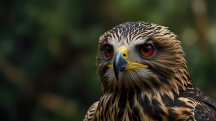 Close-up portrait of a hawk with intense red eyes and yellow beak.