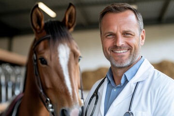 A confident veterinarian smiles next to a healthy horse in a stable, showcasing the dedicated care of animals and the bond between practitioners and their patients.