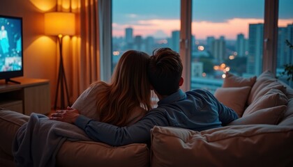 Couple cuddling on sofa watching TV. Cozy evening. City view through window. Relaxed atmosphere. Romantic ambiance. Evening at home. Leisure time. Relationship. Love. Comfort. Watch show. Movie