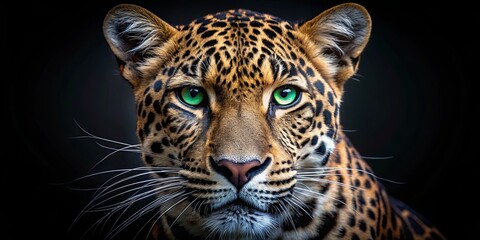 Obraz premium A Close-Up Portrait of a Leopard's Face, Revealing Striking Emerald Eyes and a Patchwork of Spots Against a Dark Background