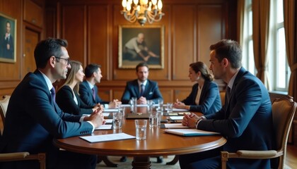 Lawyers attend pro training session in elegant conference room. Group seated around large oval table. Serious focus among attendees. Formal business atmosphere. Likely legal consulting firm law