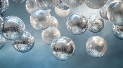 Floating reflective spheres in a serene blue background