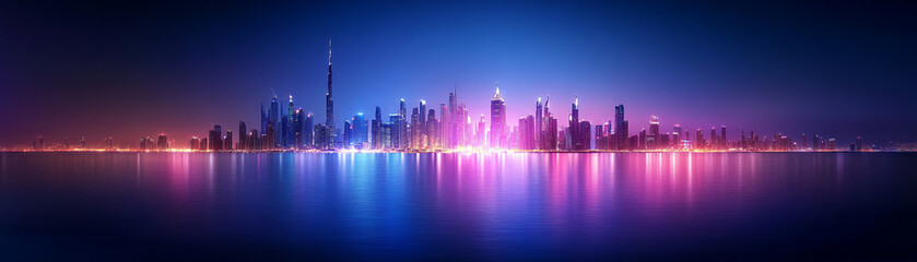 Fototapeta premium Stunning skyline at night with vibrant reflections over calm water and glowing city lights.