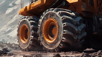 Fototapeta premium Close-up of massive mining truck tires on muddy ground.