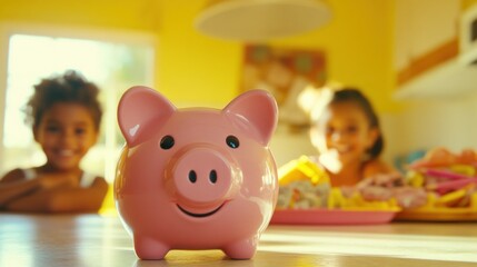 Obraz premium Two children smiling at a piggy bank on a kitchen table.
