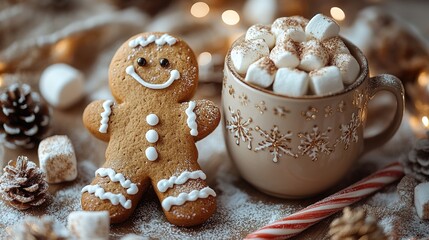 Fototapeta premium Gingerbread man cookie in cup of hot cocoa or coffee with marshmallow, fir tree, gifts and warm cozy sweater. Christmas greeting card, lights background. Xmas holiday decorations with copy space
