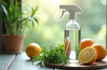 Natural cleaning product in spray bottle. Citrus fruits, herbs arranged near glass spray bottle. Homemade eco friendly cleaner. Fresh ingredients create natural air freshener. DIY cleaning supplies.