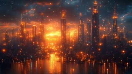 Obraz premium Dazzling City Skyline at Night with Glowing Sunset Reflections