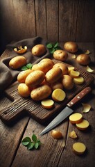 Fototapeta premium Fresh Potatoes on a Wooden Cutting Board
