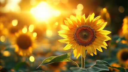 Obraz premium Sunflowers in the sun, with a blurred background of other flowers and sunlight shining through