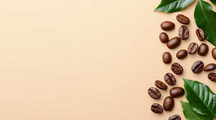 Obraz premium Coffee beans and green leaves on a plain beige background, perfect for a coffee theme.