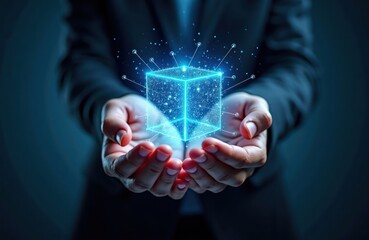 Person holds glowing digital cube with connecting lines. Tech future concept. Hands show innovation. Dark blue background. Abstract image for tech stock photo. Person shows digital tech. Cube symbol