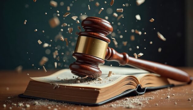 Gavel smashes law book outdated legislation removal. Justice system reform. Old laws destroyed. Legal change. Modernization initiative. Book pages scattered. Dynamic action shot. Reform concept.