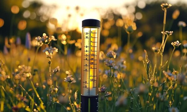 A rain gauge stands in a sunlit field filled with flowers, measuring rainfall in a natural setting.