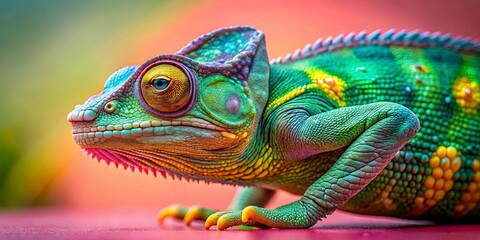 Fototapeta premium A vibrant chameleon with iridescent scales and a captivating gaze, poised in a moment of stillness.