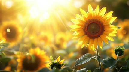 Obraz premium Sunflowers in the sun, with a blurred background of other flowers and sunlight shining through