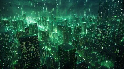 Obraz premium Futuristic Green Cityscape Illuminated by Digital Code at Night