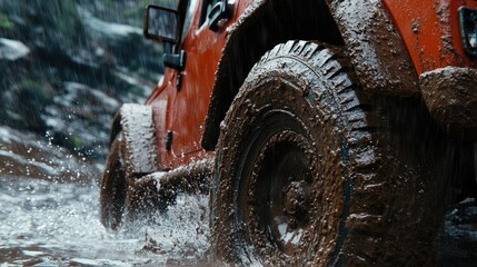 A close-up of a muddy tire of an orange off-road vehicle splashing through water.