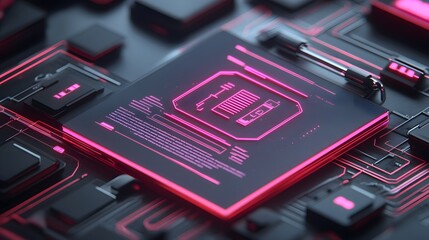 Futuristic microchip on circuit board with glowing pink interface.