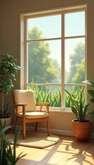 Cozy interior with sunlight streaming through window. Wooden chair sits beside window. Woven rug on light brown wooden floor. Plants add natural touch. Peaceful, relaxing. Perfect for home office