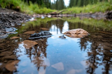 Obraz premium A close-up view of a shallow stream bordered by rocks and reflecting trees nearby, creating a sense of calm and connection with nature in a forest setting.