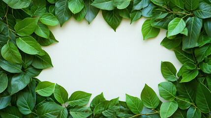 Fototapeta premium Vibrant green leaves form a natural border against a soft cream background, ideal for design use.