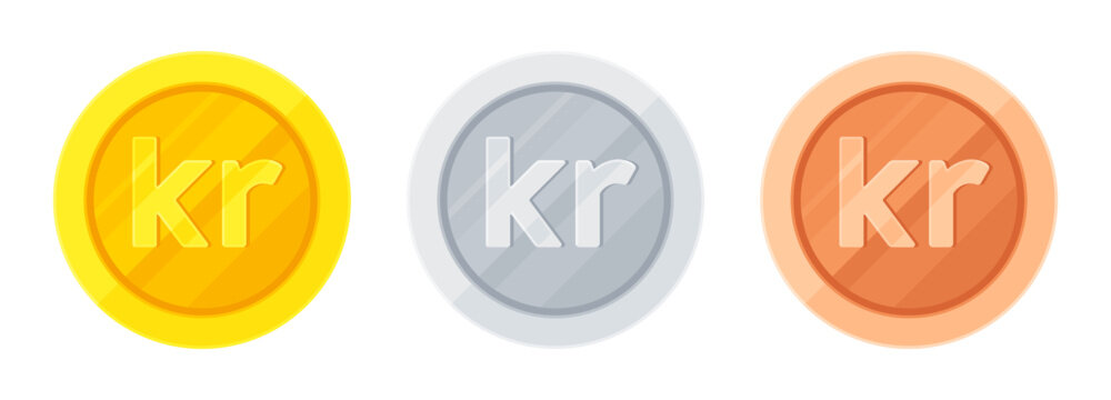 Set of gold, silver and copper coins with Swedish krona (SEK), Norwegian krone (NOK), Danish krone (DKK). Economy, finance, money, KR currency. Flat vector illustration isolated on white background