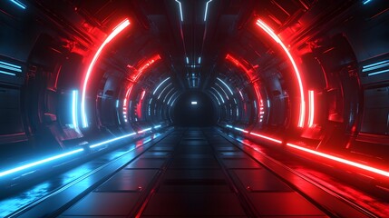 Futuristic red and blue neon lit tunnel.