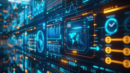 Obraz premium Complex digital interface showing global big data analysis with various charts, graphs, and indicators, representing advanced data processing and visualization in a technological environment