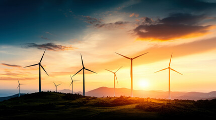 Fototapeta premium Wind turbines on hillside at sunset, creating serene landscape
