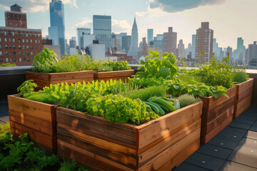 Fototapeta premium A rooftop garden in an urban setting featuring lush greenery with a cityscape backdrop, emphasizing sustainable living