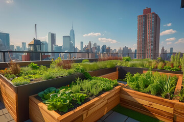 Fototapeta premium A rooftop garden in an urban setting featuring lush greenery with a city skyline backdrop, symbolizing sustainable city living
