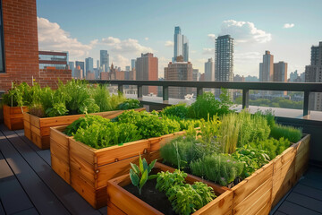 Fototapeta premium A rooftop garden in an urban setting featuring lush greenery with various herbs and vegetables against a city skyline backdrop