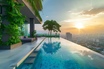 Fototapeta premium A Luxurious Rooftop Infinity Pool Overlooking a Cityscape at Sunset with Lush Greenery and Modern Design Elements